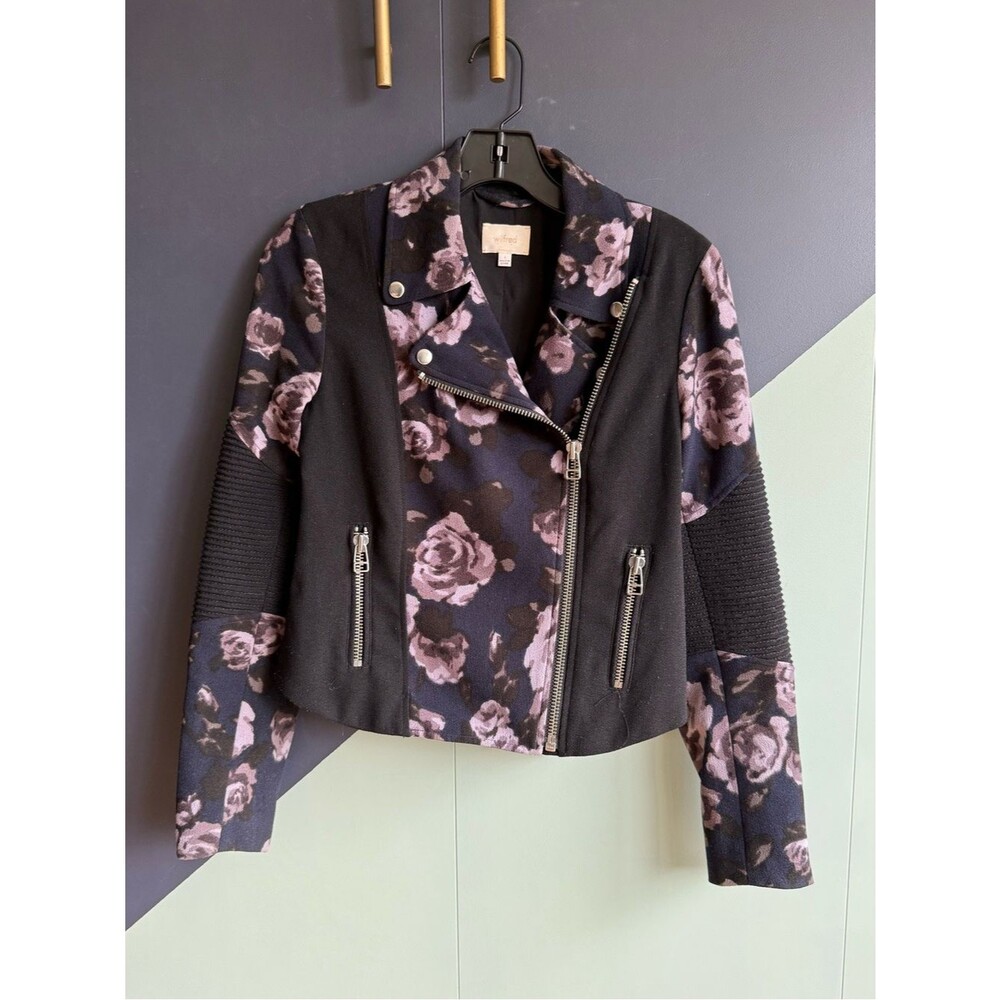 Aritzia Wilfred Montesson Crepe Biker Jacket, Navy/Lavender Floral, Sz 4, EUC